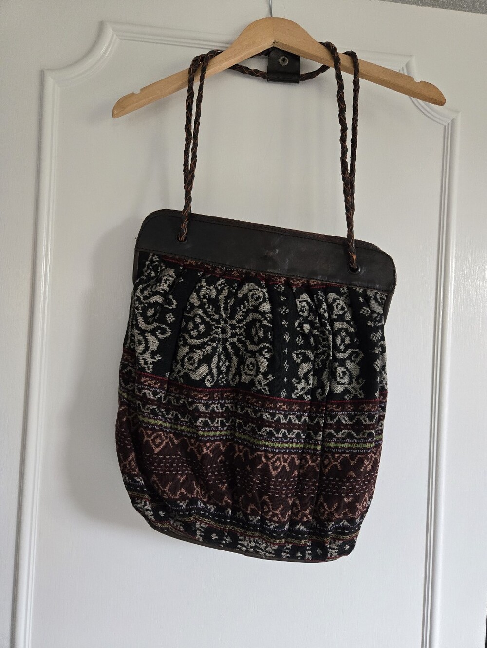 IKAT and Leather Boho Black & Brown Patterned Tote Bag with Braided Straps